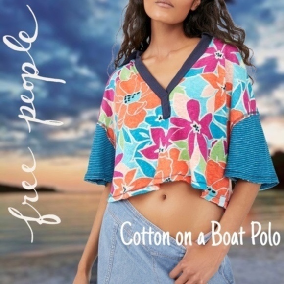 Free People Tops - FREE PEOPLE Cotton on a Boat Colorblock V-Neck Boxy Cropped Cotton Polo Top NWT